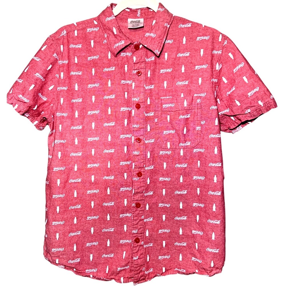 Coca Cola Button Up Shirt Mens S Red All Over Print‎ Logo Bottles Short Sleeve